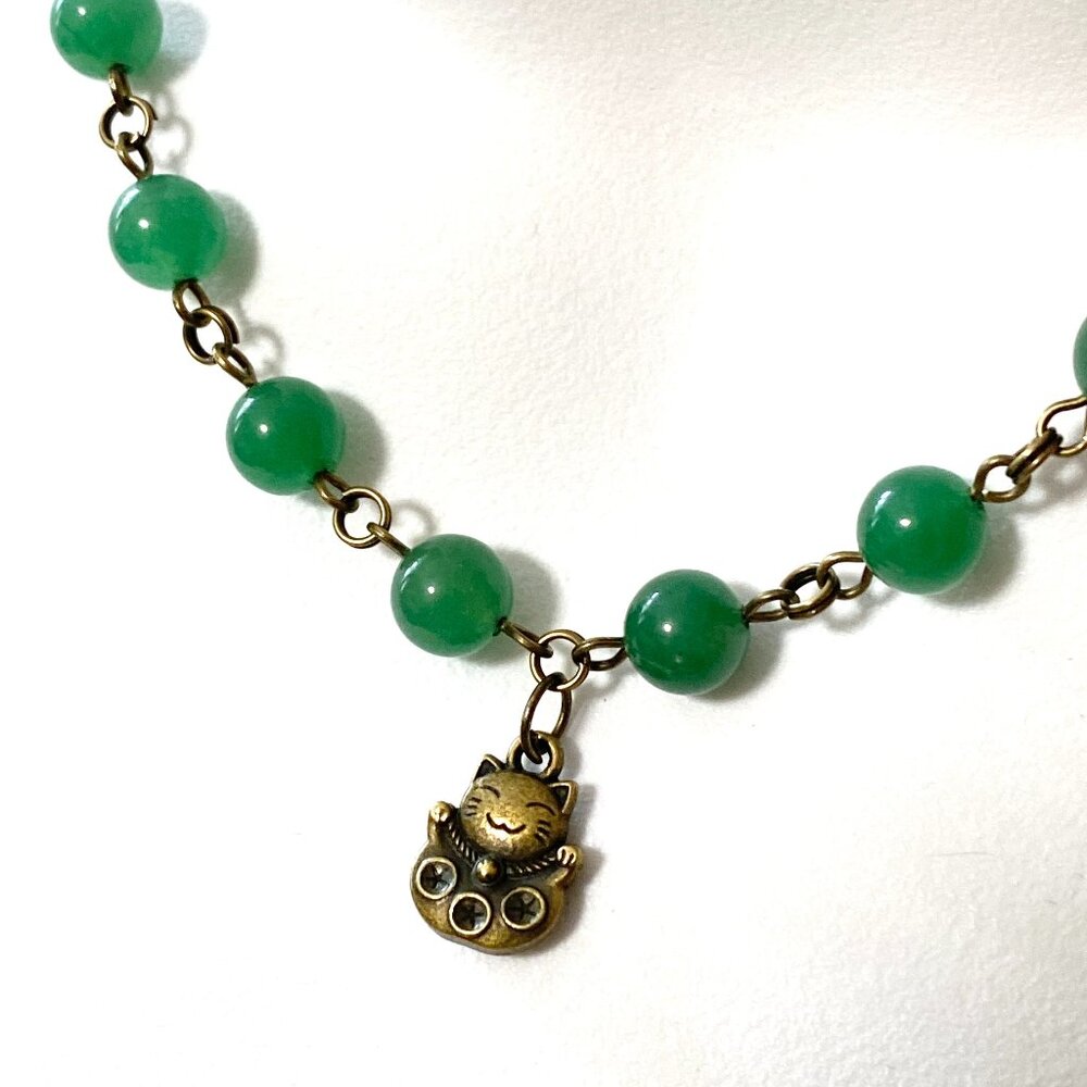Natural Green Chalcedony Necklace, Cute Bronze Fortune Cat + Genuine Gemstone